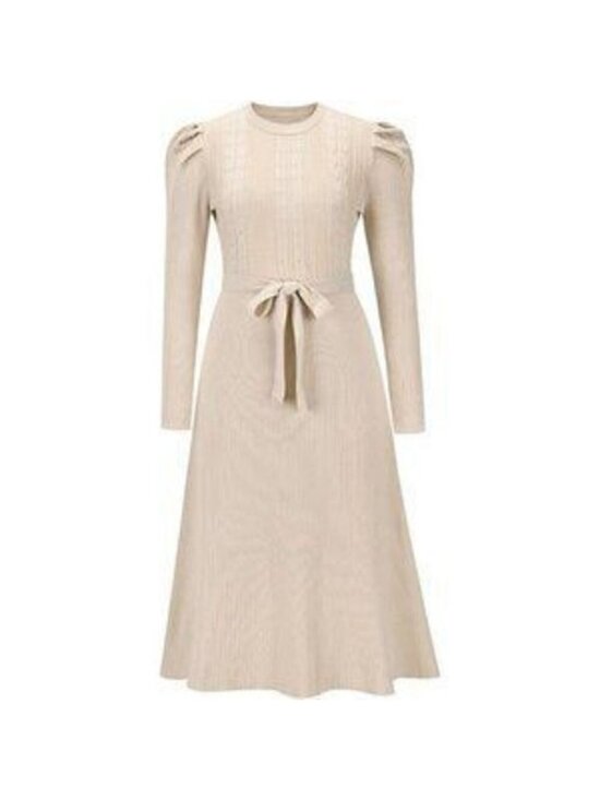 Dresses & Skirts - Women's Crew Neck Knit Midi Sweater Dress with Belt Long Sleeve Maxi Dress